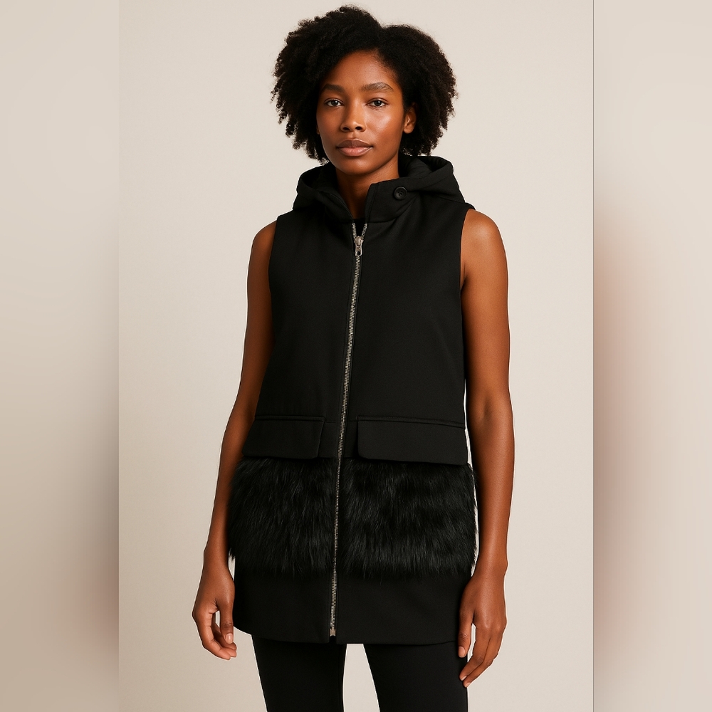 Faux Fur Trimmed Hooded Vest | Layered Streetwear Look | Size S